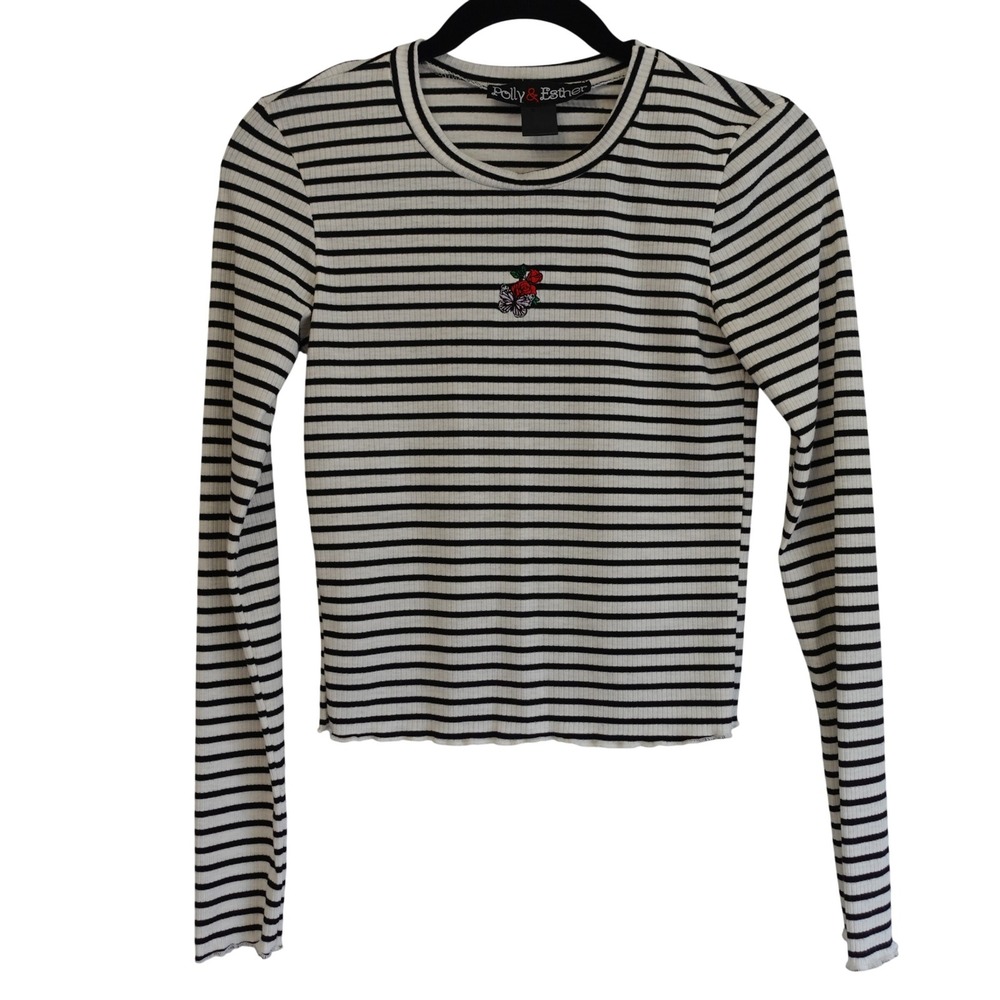 Vtg‎ 90s Top Womens Small Black White Striped Ribbed Butterfly Rose Y2K Baby Tee